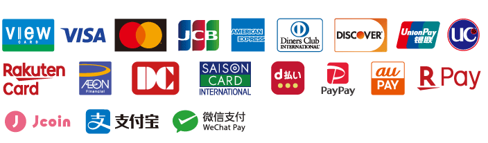 VISA、Mastercard、JCB、AmericanExpress、DinersClubInternational、Discover、RakutenCard、RPay、LINEPay、PayPay、d払い、Alipay、WeChatPay、QUOPay、AEONPay、auPAY、FamiPay、ANAPay、Merpay、ララPay、K+、Payどん、ゆうちょPay、銀行Pay、EPOSPAY、atone、pring